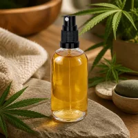 Ätherisches Öl Flasche 100ml Glas mit Sprühaufsatz schwarz Naturstein Handtuch Hintergrund