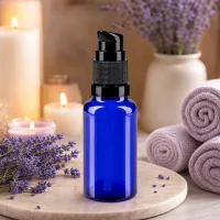 Hochwertige blaue 20ml Apothekerglas Flasche mit schwarzem Pumpverschluss in Spa Atmosphäre