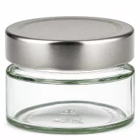 Durchsichtiges Rundglas 130ml mit silbernem Deckel ideal zum Einkochen und Lagern