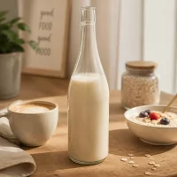 750ml UNiTWIST Glasflasche mit Hafermilch befüllt neben Kaffeetasse Müslischale Frühstückstisch Lifestyle Szene