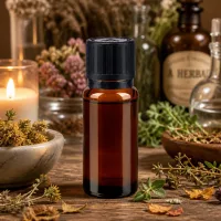 Aromatherapie Tropfflasche 10ml Braunglas mit OV und KiSi in natürlicher Kräuterumgebung