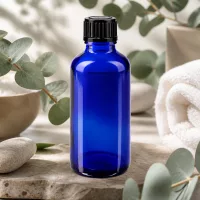 Apothekerflasche blau 50ml Glas UV-Schutz mit schwarzem 11mm Schraubverschluss Draufsicht
