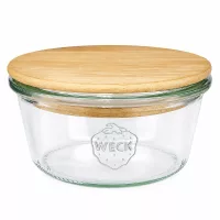 WECK Sturzglas 290ml niedrig RR100 mit rundem Holzdeckel aus Bambus, Einmachglas mit WECK Logo auf weißem Hintergrund