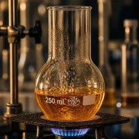 Stehkolben 250ml aus robustem Laborglas mit goldschimmernder Flüssigkeit für Forschungszwecke