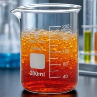 Siedende orangerote Flüssigkeit in 200ml Becherglas Borosilikat niedriger Form von UNiTWIST