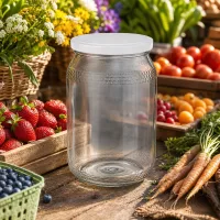 Leeres 900ml Honigglas mit weißem BasicSeal Deckel zwischen frischem Obst und Gemüse zeigt natürliche Verwendung