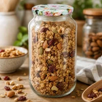 Vorratsglas 1062ml mit BasicSeal Blüten-Deckel mint gefüllt mit Müsli Nüssen und Trockenfrüchten Küchenlagerung