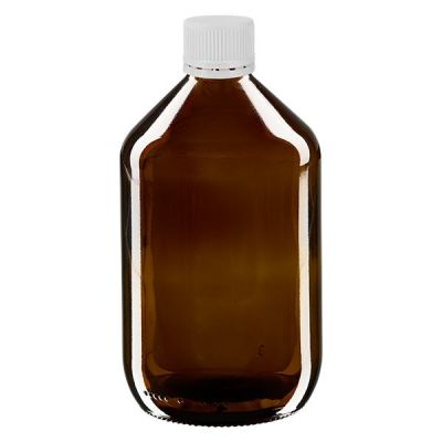 500ml Medizinflasche braun, Verschluss weiß mit Originalitätsring ApoGlas