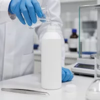 Präzises Abfüllen von Laborflüssigkeit in weiße HDPE Apothekenflasche 250ml mit Pinzette im Vordergrund