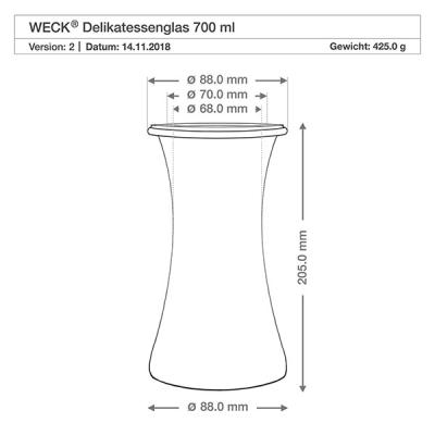 WECK Delikatessenglas 700ml RR80 technische Zeichnung mit Maßangaben 88mm Durchmesser 205mm Höhe Produktspezifikation