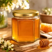 Hochwertiges UNiTWIST Hexa47 Honigglas mit goldenem BioSeal Verschluss neben Honigwaben und Honiglöffel
