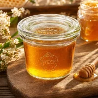 WECK Sturzglas 35ml RR40 mit Honig gefüllt zwischen Blüten auf Holzbrett zeigt natürliche Verwendung