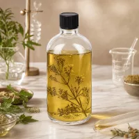 Befüllte ClearLine Standardflasche 100ml UT18 mit goldgelbem Kräuteröl und botanischen Elementen