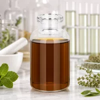 Injektionsflasche 20ml Klarglas mit dunkelbraunem Pflanzenextrakt und Minze Thymian Dekoration
