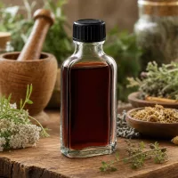 Kompakte 50ml Klarglasflasche mit geripptem Kunststoffdeckel in natürlicher Kräuterumgebung
