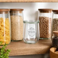 WECK Tulpenglas 1062ml Vorratsorganisation Küchenschrank Pantry mit Pasta Reis Hülsenfrüchten gefüllt Holzregal