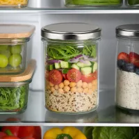 350ml Sturzglas mit silbernem Deckel im Kühlschrank gefüllt mit Salat Quinoa Kichererbsen Meal Prep Vorratsglas
