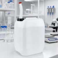 Rechteckiger Weißkanister 10 Liter mit flexiblem Auslaufstutzen auf Labortisch