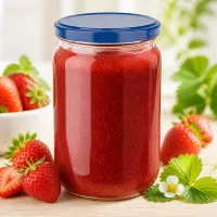 Rundes Marmeladenglas 555ml UNiTWIST mit blauem Kunststoffdeckel und selbst gekochter Erdbeerkonfitüre