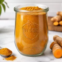 WECK Tulpenglas 1062ml RR100 mit Kurkumapulver gefüllt neben frischen Kurkumawurzeln Gewürzaufbewahrung Küche