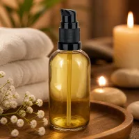 ClearLine Glasflasche 100ml schwarze STD Pumpe goldfarbener Inhalt Kosmetik Wellness