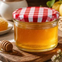 225ml Sturzglas mit goldenem Honig befüllt auf rustikalem Holzbrett mit Honiglöffel zeigt BasicSeal Deckel Detail
