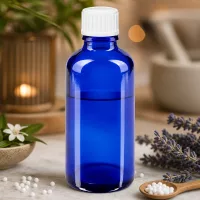 Zylindrische 50ml Apothekerflasche in Kobaltblau mit gerilltem Weißverschluss für Naturheilkunde