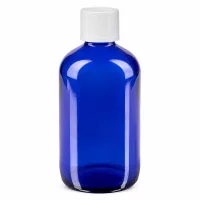 Blaue Apothekerflasche Glas 100ml runde Form mit kindersicherem weißen Schraubverschluss STD