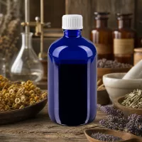 Lichtschutzflasche aus blauem Apothekerglas 100ml mit STD Weißdeckel für Heilpflanzenöle