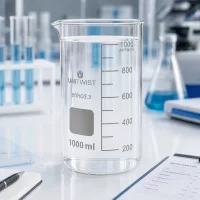 Becherglas hohe Form 1000ml UNITWIST Borosilikat neben Erlenmeyerkolben und Laborwaage