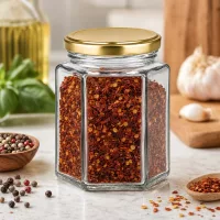250g Honigglas BasicSeal hexagonal mit Chili-Gewürz gefüllt in Gewürzküche zwischen Pfefferkörnern und Kräutern