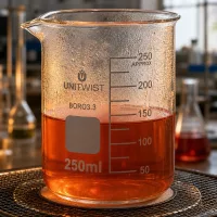 Robustes Borosilikat Becherglas 250ml UNiTWIST niedrige Form mit Ausgießer im Laborumfeld