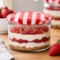 225ml Sturzglas mit Erdbeer-Dessert und rot-weiß kariertem BasicSeal Deckel als stylische Dessertverpackung