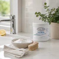 Vielseitiges Natron Doktor Klaus 250g in stylischer Küche mit modernem Wasserhahn und Dekoration