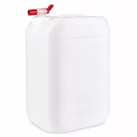 25 Liter HDPE Kanister Natur-Weiß mit integriertem Auslaufhahn und breitem Schraubdeckel
