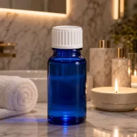 Kompakte blaue Glasflasche 10ml mit kindersicherem weißem Verschluss für Kosmetik und Öle