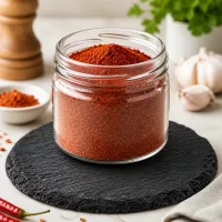 Runde Schieferplatte 15cm mit rotem Gewürzpulver in Glasgefäß und Knoblauch als edle Gewürzpräsentation