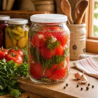 Honigglas 900ml mit eingelegten Tomaten und Kräutern zeigt Konservierungsmöglichkeiten BasicSeal Deckel weiß