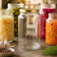 1700ml Rundglas BasicSeal gold inmitten bunter Fermentationsgläser mit eingelegtem Gemüse auf rustikalem Holztisch