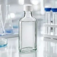 Kleine flache Klarglasflasche 100ml mit weißem Schraubdeckel und Ausgießhilfe Meplat