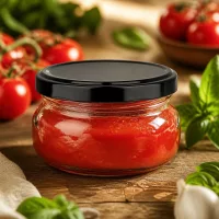 Miniaturterrinenglas 120ml befüllt mit roter Sauce UNiTWIST 24er-Set schwarzer Deckel Holzuntergrund