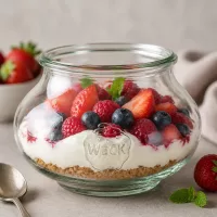 WECK Schmuckglas 560ml RR80 als elegantes Dessertglas mit Beerenmischung und Creme für stilvolle Tischdekoration