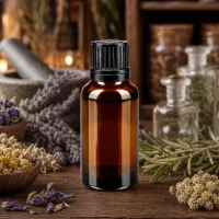 Zylindrische 20ml Braunglasflasche mit schwarzem Sicherheitsverschluss für Pflanzenauszüge