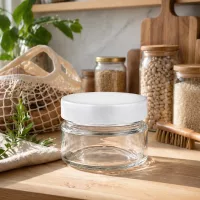 80ml Rundglas mit BasicSeal Deckel auf Holzbrett in nachhaltiger Zero-Waste-Küche mit Vorratsglasern