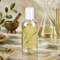 ClearLine Roll-On Flasche 100ml mit Kräuterinfusion umgeben von Naturzutaten und Glaskolben
