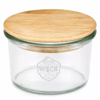 WECK Sturzglas 200ml RR80 mit Bambus Holzdeckel Einmachglas transparent rund für Küche und Vorratshaltung