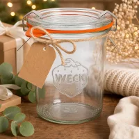 WECK Sturzglas 160ml RR60 als Geschenkidee weihnachtlich dekoriert mit Kraftpapier-Anhänger und Juteband