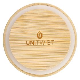 Bambusdeckel RR80 von oben mit UNITWIST Logo und sichtbarer Holzmaserung für WECK Einmachgläser 80mm Durchmesser
