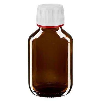 100ml Medizinflasche braun, Verschluss weiß mit Originalitätsring rot ApoGlas