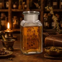 Glasflasche viereckig 100ml mit Weithals und Glasstopfen vor antikem Apothekenregal mit Kerze